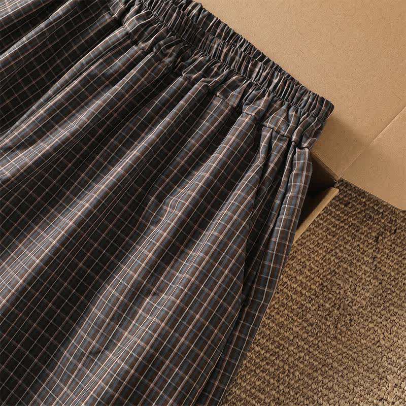 Buddha Stones Pantalon court à carreaux marron décontracté printemps-été pour femme, jambes larges et poches - image 6