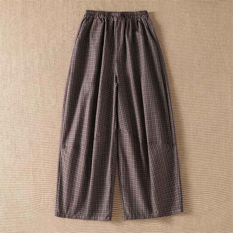 Buddha Stones Pantalon court à carreaux marron décontracté printemps-été pour femme, jambes larges et poches - Terre de sienne - US8-10, UK/AU12-14, EU40-42 (2XL) - image 0