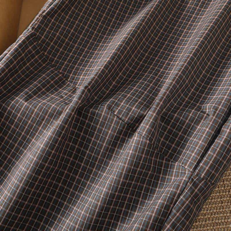 Buddha Stones Pantalon court à carreaux marron décontracté printemps-été pour femme, jambes larges et poches - image 8