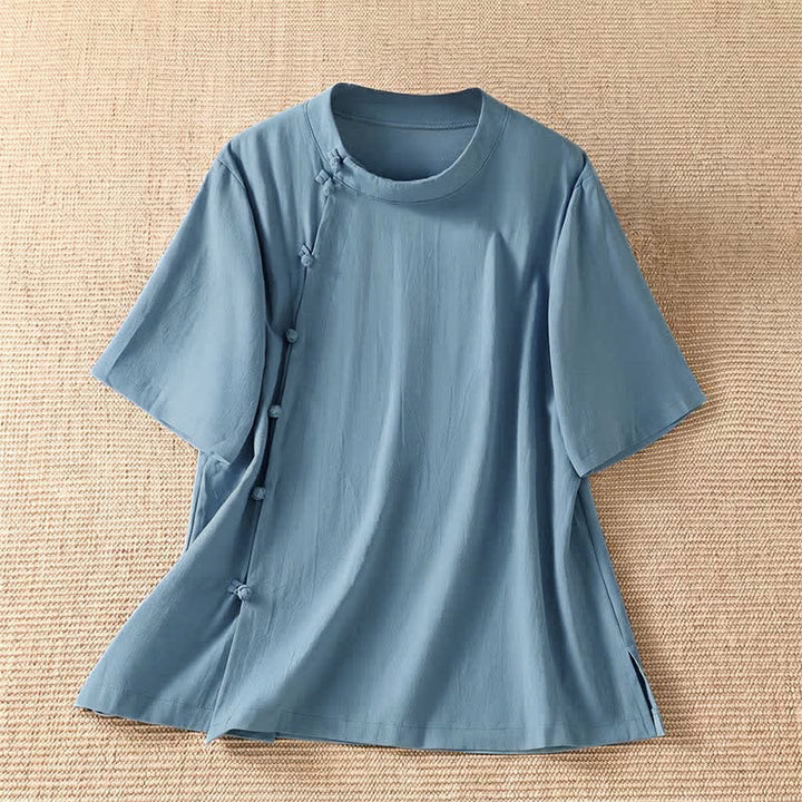 Buddha Stones Chemises d'été décontractées pour femmes, col rond, manches courtes, style Tang, à boutons grenouille, unies - Bleu clair - US8-10, UK/AU12-14, EU40-42 (2XL) - image 0
