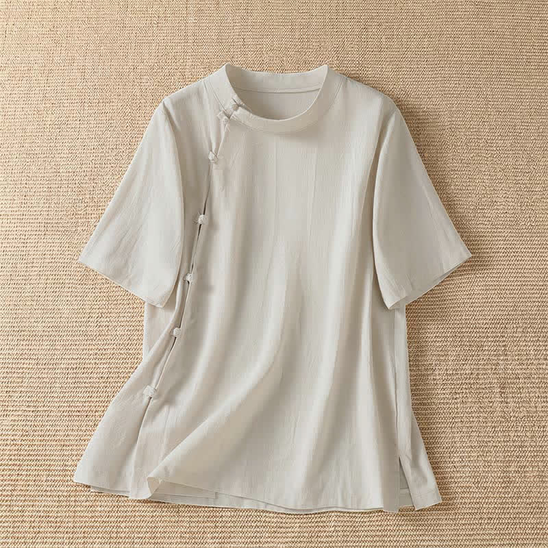 Buddha Stones Chemises d'été décontractées pour femmes, col rond, manches courtes, style Tang, à boutons grenouille, unies - Beige - US8-10, UK/AU12-14, EU40-42 (2XL) - image 5
