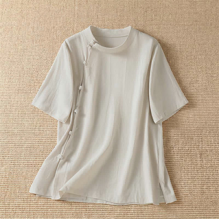 Buddha Stones Chemises d'été décontractées pour femmes, col rond, manches courtes, style Tang, à boutons grenouille, unies - Beige - US8-10, UK/AU12-14, EU40-42 (2XL) - image 5