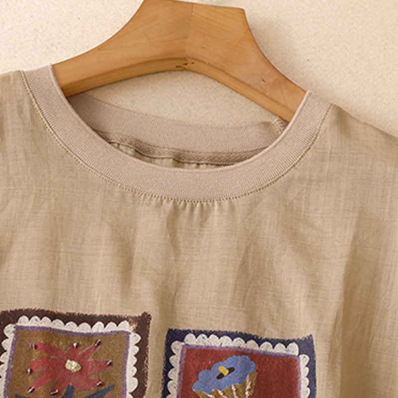 Buddha Stones T-shirts à manches courtes pour femmes, style patchwork floral vintage décontracté d'été - image 2