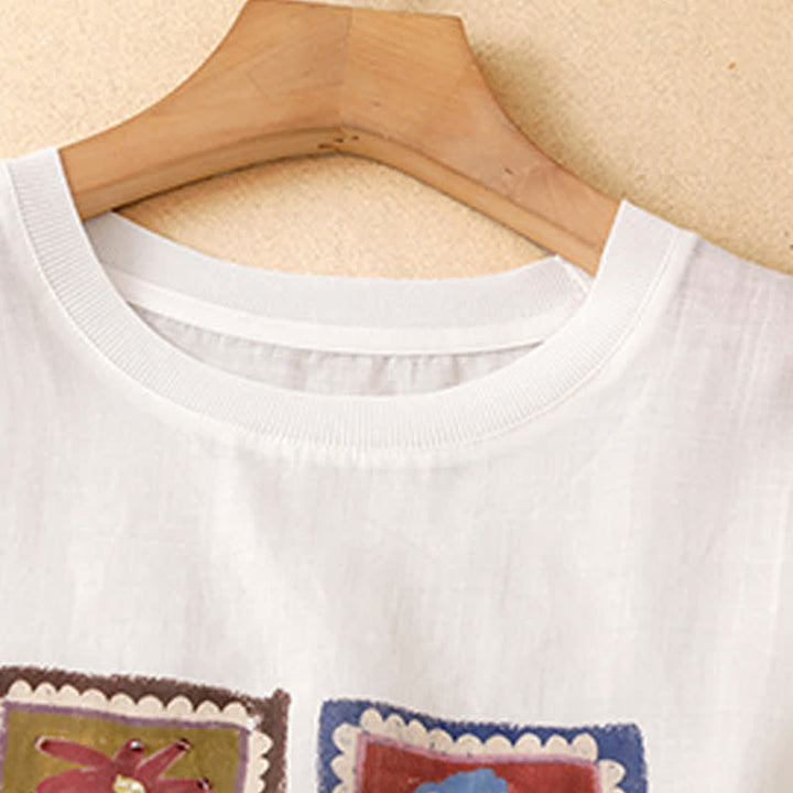Buddha Stones T-shirts à manches courtes pour femmes, style patchwork floral vintage décontracté d'été - image 22
