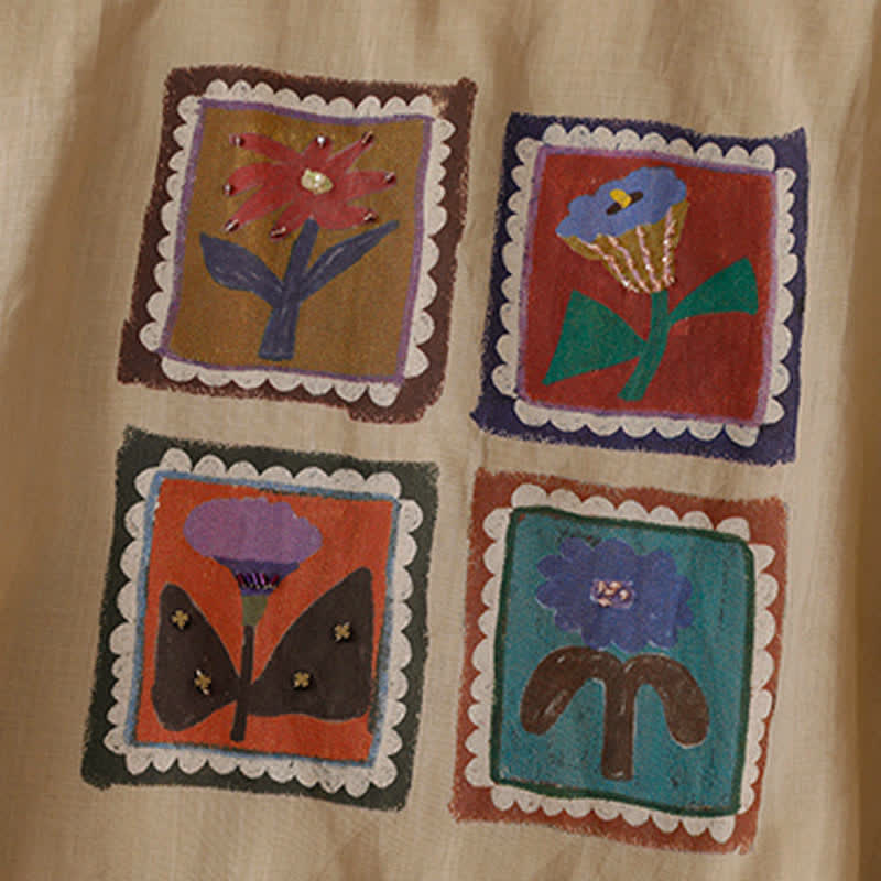 Buddha Stones T-shirts à manches courtes pour femmes, style patchwork floral vintage décontracté d'été - image 4