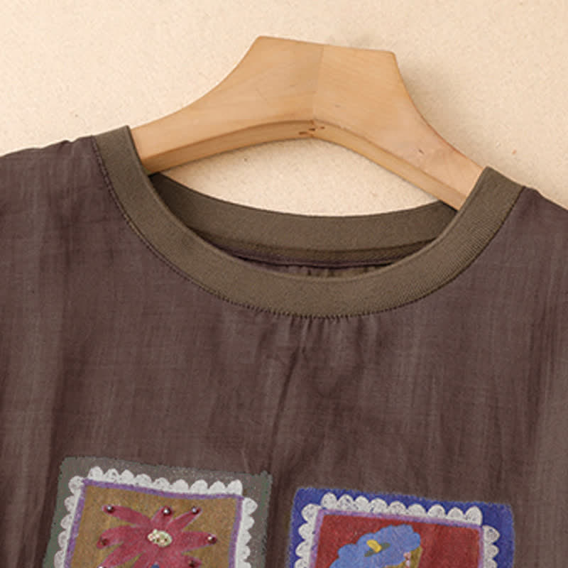 Buddha Stones T-shirts à manches courtes pour femmes, style patchwork floral vintage décontracté d'été - image 10