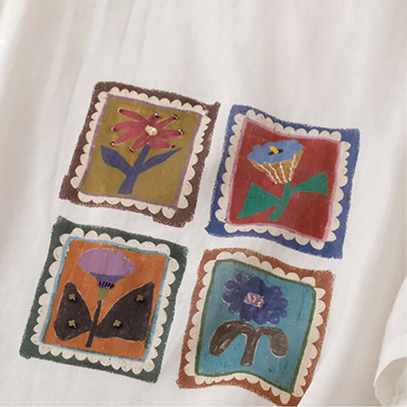 Buddha Stones T-shirts à manches courtes pour femmes, style patchwork floral vintage décontracté d'été - image 23