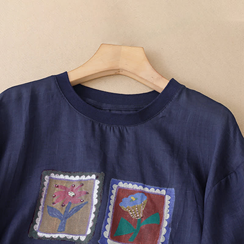 Buddha Stones T-shirts à manches courtes pour femmes, style patchwork floral vintage décontracté d'été - image 16