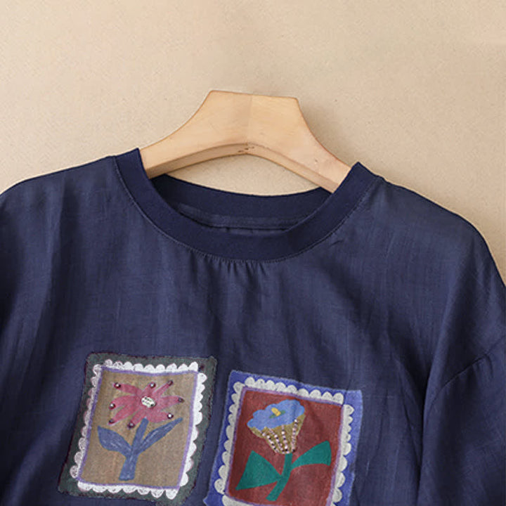 Buddha Stones T-shirts à manches courtes pour femmes, style patchwork floral vintage décontracté d'été - image 16