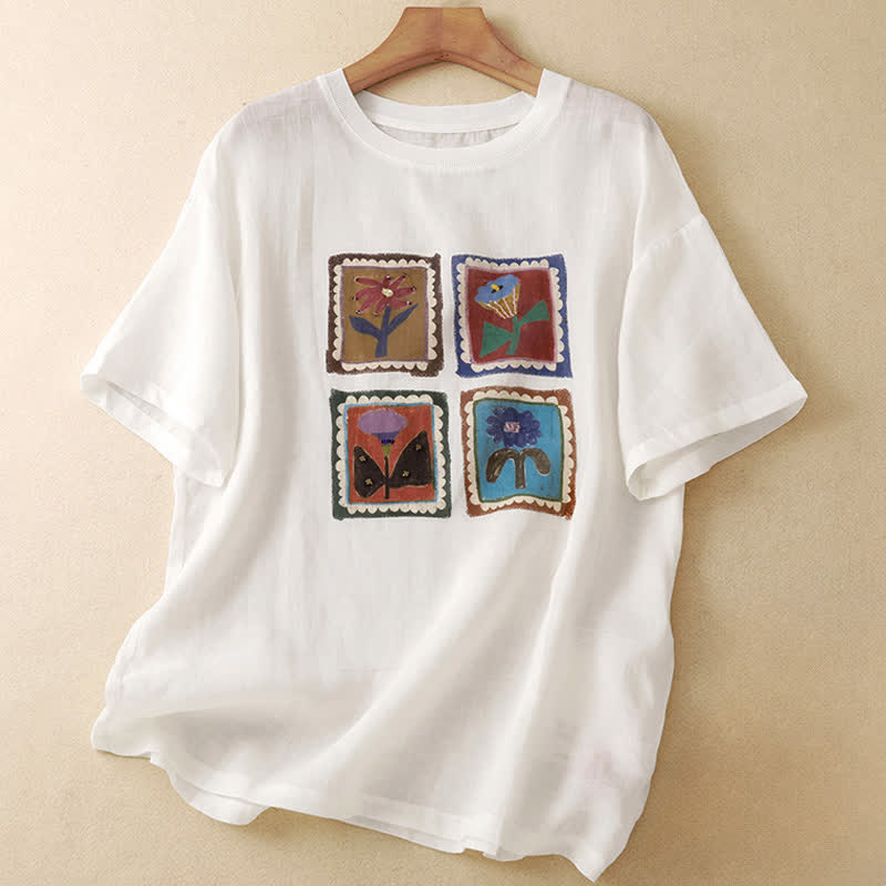 Buddha Stones T-shirts à manches courtes pour femmes, style patchwork floral vintage décontracté d'été - Blanc - US12, UK/AU16, EU44 (2XL) - image 21