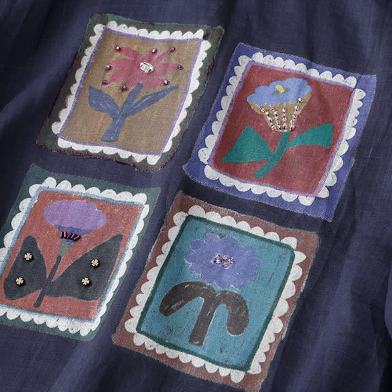 Buddha Stones T-shirts à manches courtes pour femmes, style patchwork floral vintage décontracté d'été - image 17