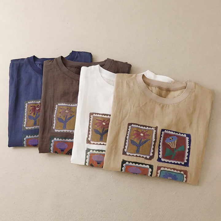 Buddha Stones T-shirts à manches courtes pour femmes, style patchwork floral vintage décontracté d'été - image 27