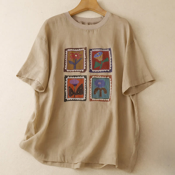 Buddha Stones T-shirts à manches courtes pour femmes, style patchwork floral vintage décontracté d'été - Jaune d'or pâle - US12, UK/AU16, EU44 (2XL) - image 0