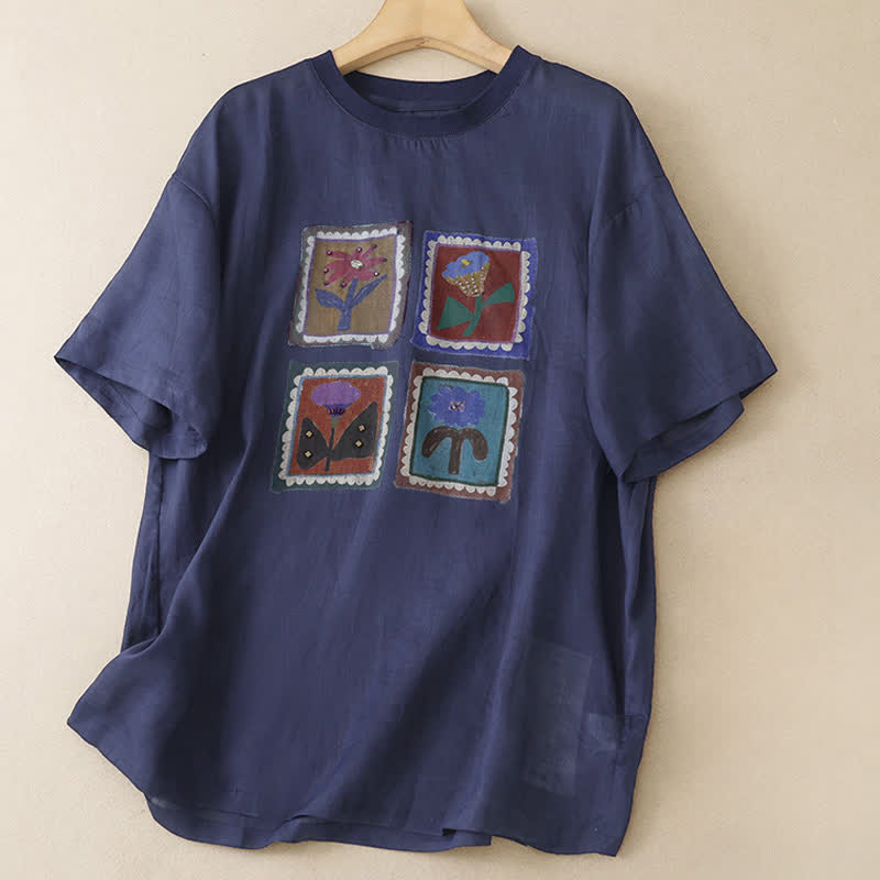 Buddha Stones T-shirts à manches courtes pour femmes, style patchwork floral vintage décontracté d'été - Bleu nuit - US12, UK/AU16, EU44 (2XL) - image 15