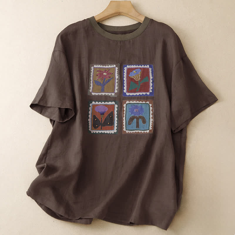 Buddha Stones T-shirts à manches courtes pour femmes, style patchwork floral vintage décontracté d'été - SaddleBrown - US12, UK/AU16, EU44 (2XL) - image 9