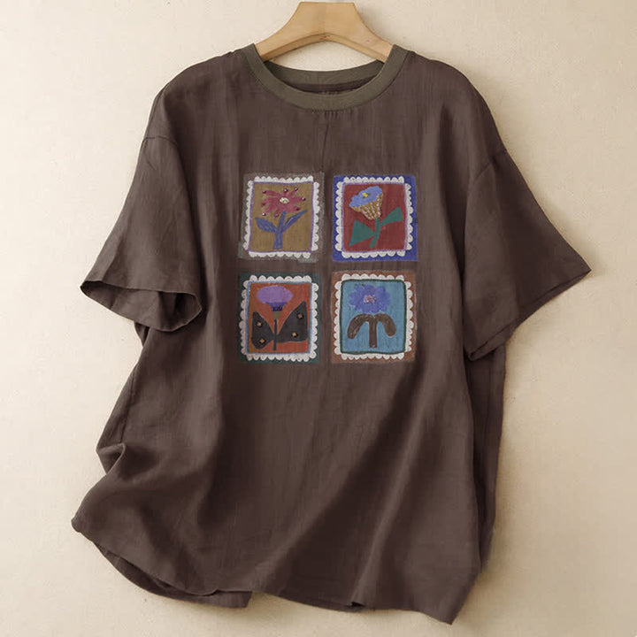 Buddha Stones T-shirts à manches courtes pour femmes, style patchwork floral vintage décontracté d'été - SaddleBrown - US12, UK/AU16, EU44 (2XL) - image 9