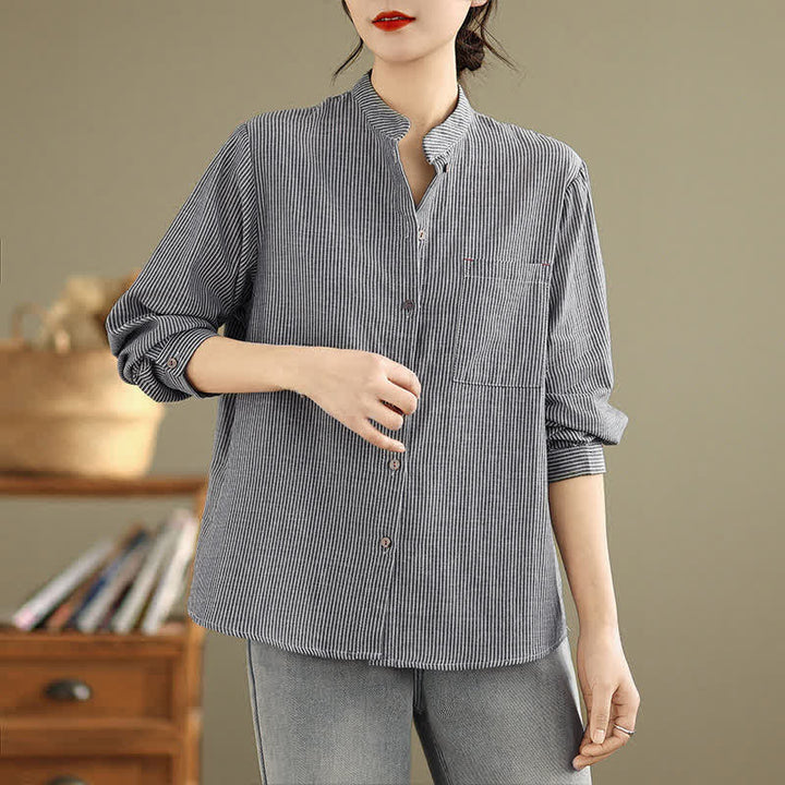 Buddha Stones Chemises d'été décontractées pour femmes, style Tang, col mandarin, rayures, manches longues et poches plaquées - Gris - US8-10, UK/AU12-14, EU40-42 (2XL) - image 0