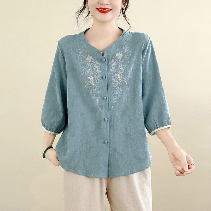 Buddha Stones Chemises à manches trois-quarts pour femmes, style Tang vintage, broderie florale, été - Bleu poudré - US12, UK/AU16, EU44 (3XL) - image 18