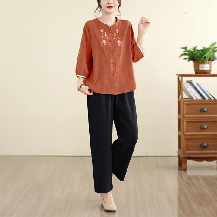Buddha Stones Chemises à manches trois-quarts pour femmes, style Tang vintage, broderie florale, été - image 15