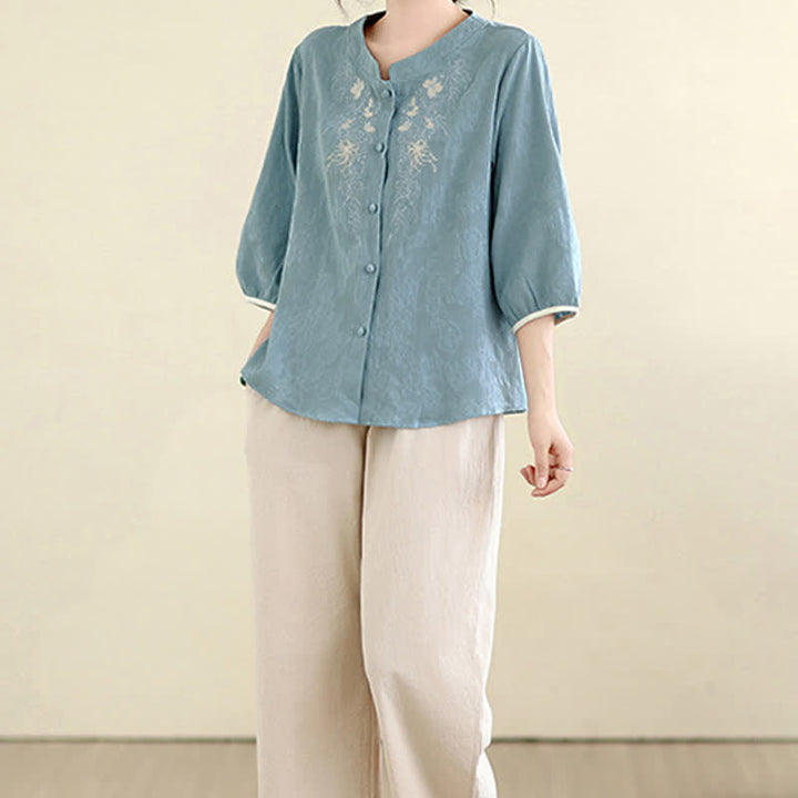 Buddha Stones Chemises à manches trois-quarts pour femmes, style Tang vintage, broderie florale, été - image 19