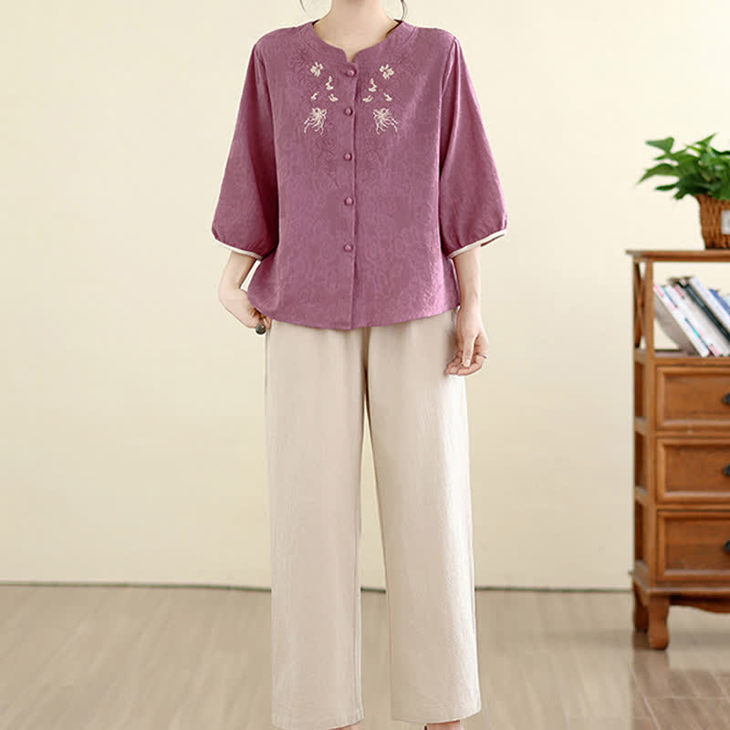 Buddha Stones Chemises à manches trois-quarts pour femmes, style Tang vintage, broderie florale, été - image 1