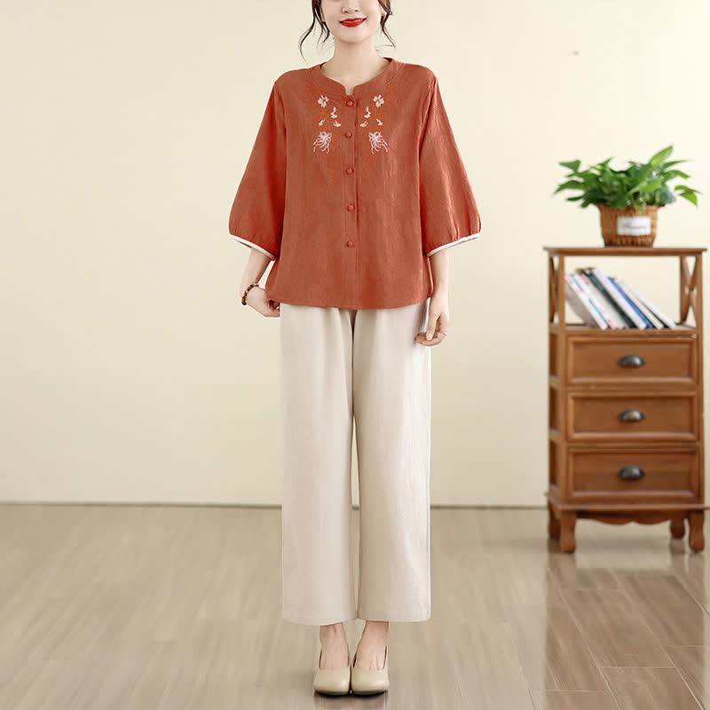 Buddha Stones Chemises à manches trois-quarts pour femmes, style Tang vintage, broderie florale, été - image 13