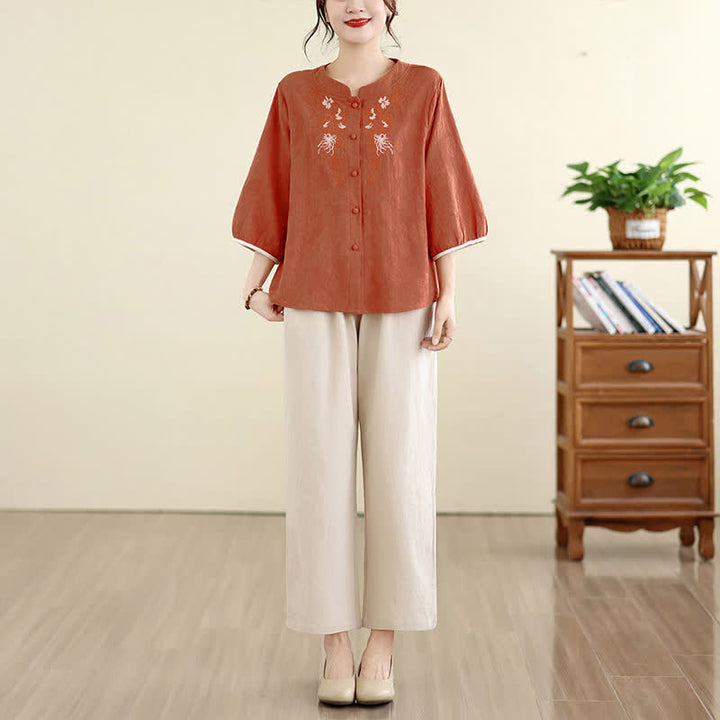 Buddha Stones Chemises à manches trois-quarts pour femmes, style Tang vintage, broderie florale, été - image 13