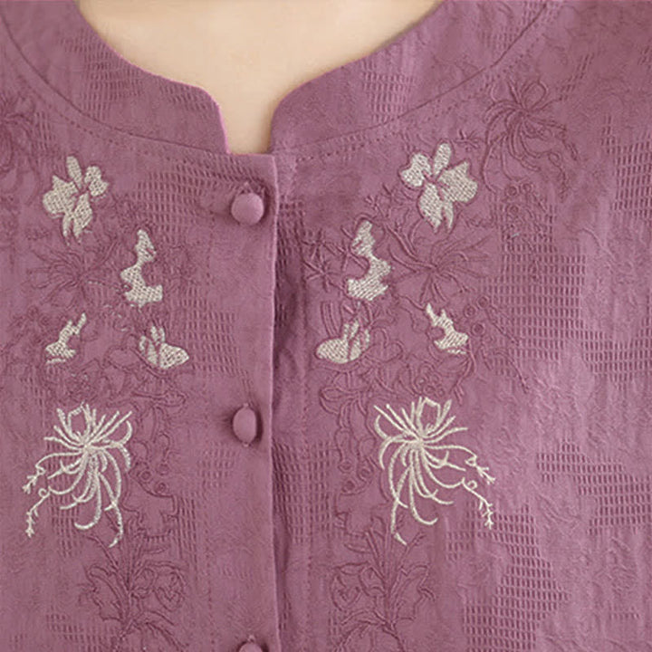 Buddha Stones Chemises à manches trois-quarts pour femmes, style Tang vintage, broderie florale, été - image 6