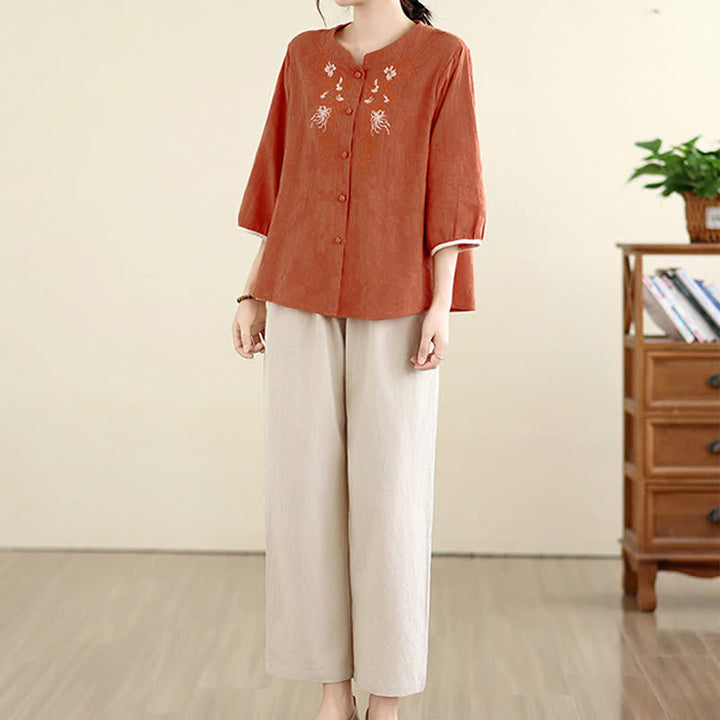 Buddha Stones Chemises à manches trois-quarts pour femmes, style Tang vintage, broderie florale, été - image 12