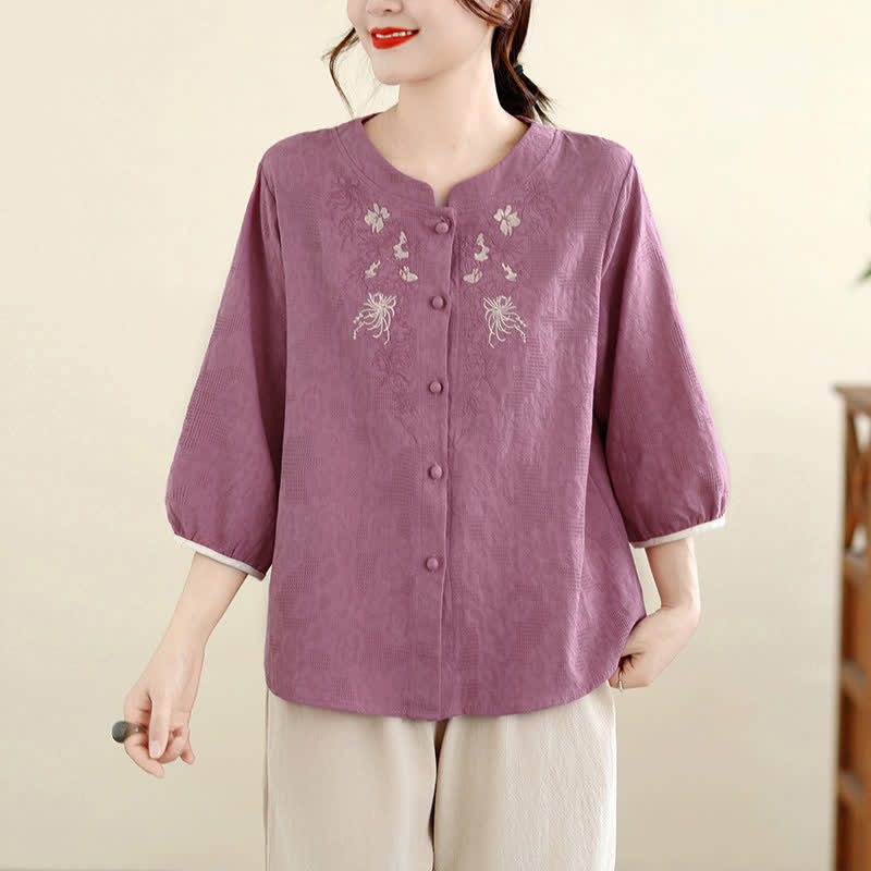 Buddha Stones Chemises à manches trois-quarts pour femmes, style Tang vintage, broderie florale, été - Rouge violet pâle - US12, UK/AU16, EU44 (3XL) - image 0