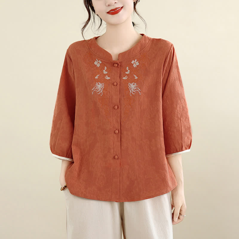 Buddha Stones Chemises à manches trois-quarts pour femmes, style Tang vintage, broderie florale, été - Corail - US12, UK/AU16, EU44 (3XL) - image 10