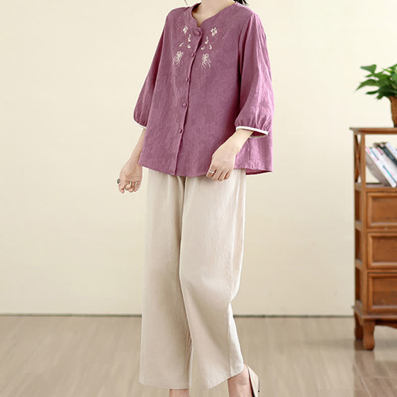 Buddha Stones Chemises à manches trois-quarts pour femmes, style Tang vintage, broderie florale, été - image 3
