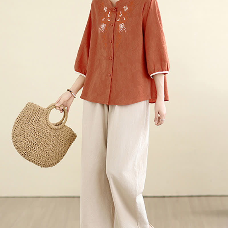 Buddha Stones Chemises à manches trois-quarts pour femmes, style Tang vintage, broderie florale, été - image 16
