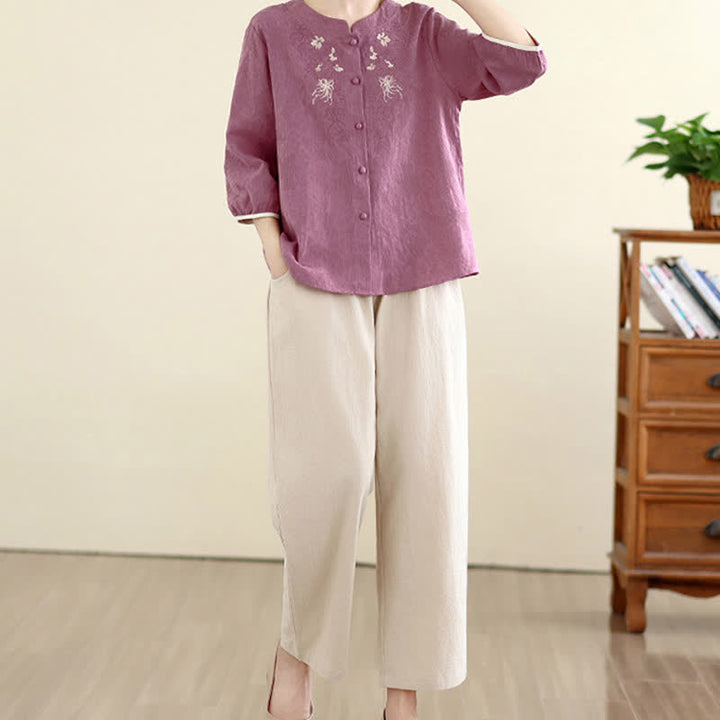 Buddha Stones Chemises à manches trois-quarts pour femmes, style Tang vintage, broderie florale, été - image 4