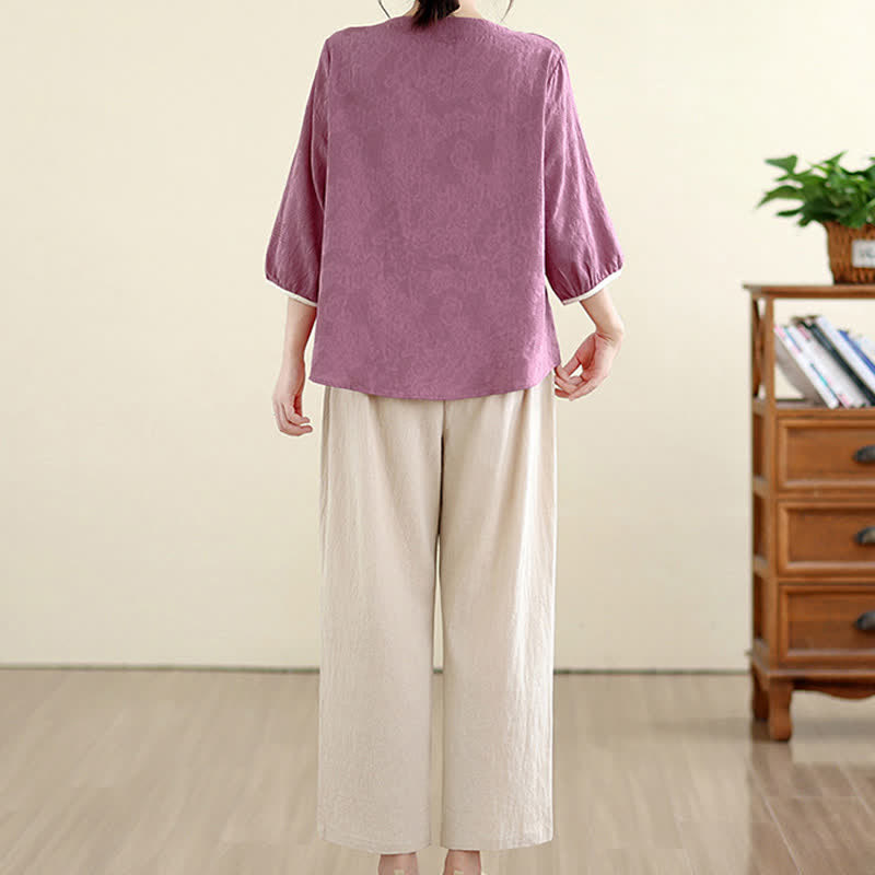 Buddha Stones Chemises à manches trois-quarts pour femmes, style Tang vintage, broderie florale, été - image 2