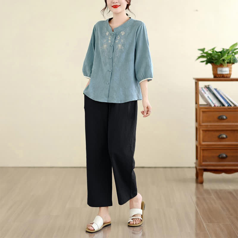 Buddha Stones Chemises à manches trois-quarts pour femmes, style Tang vintage, broderie florale, été - image 23