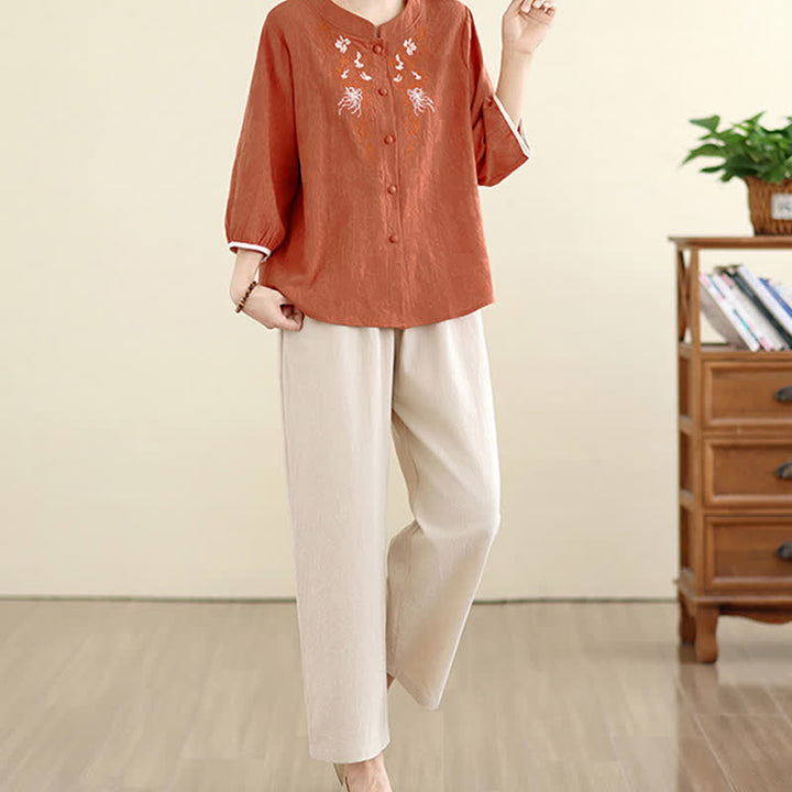Buddha Stones Chemises à manches trois-quarts pour femmes, style Tang vintage, broderie florale, été - image 14