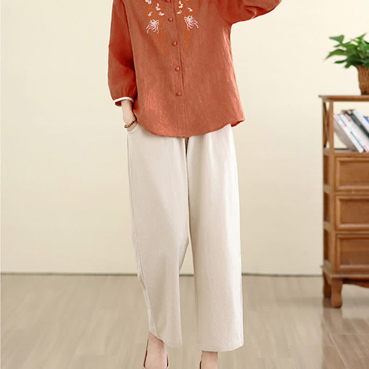 Buddha Stones Chemises à manches trois-quarts pour femmes, style Tang vintage, broderie florale, été - image 17
