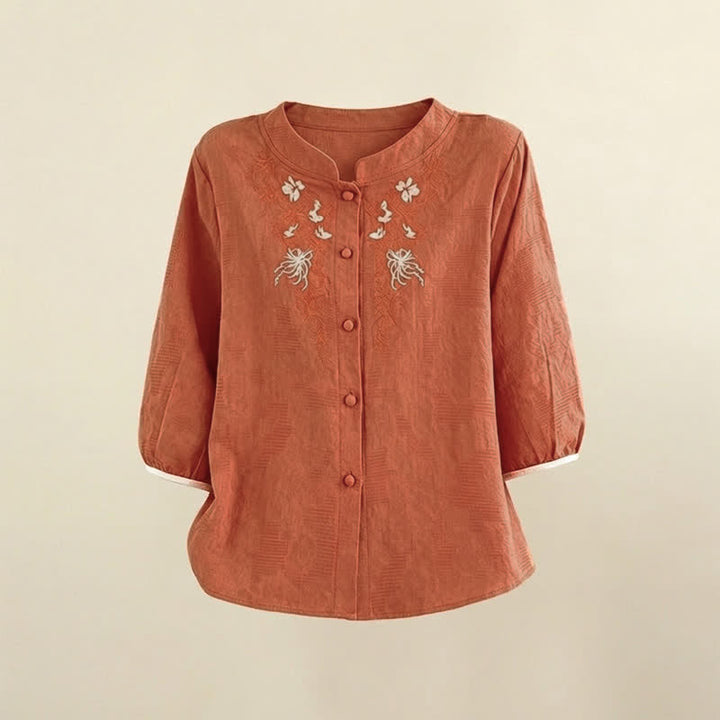 Buddha Stones Chemises à manches trois-quarts pour femmes, style Tang vintage, broderie florale, été - image 11