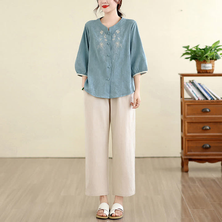 Buddha Stones Chemises à manches trois-quarts pour femmes, style Tang vintage, broderie florale, été - image 22