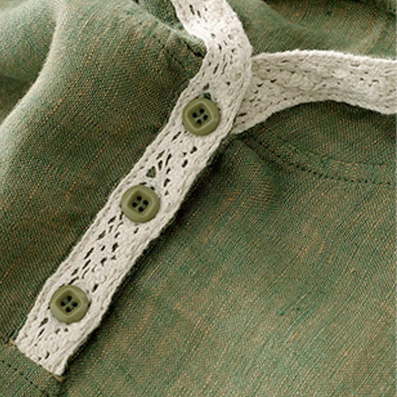 Buddha Stones Chemises d'été bohèmes décontractées à manches courtes pour femmes, vert uni, à capuche et bordure en dentelle, boutonnées - image 5