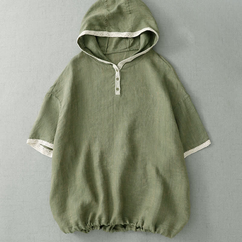 Buddha Stones Chemises d'été bohèmes décontractées à manches courtes pour femmes, vert uni, à capuche et bordure en dentelle, boutonnées - Vert foncé - US8-10, UK/AU12-14, EU40-42 (2XL) - image 0