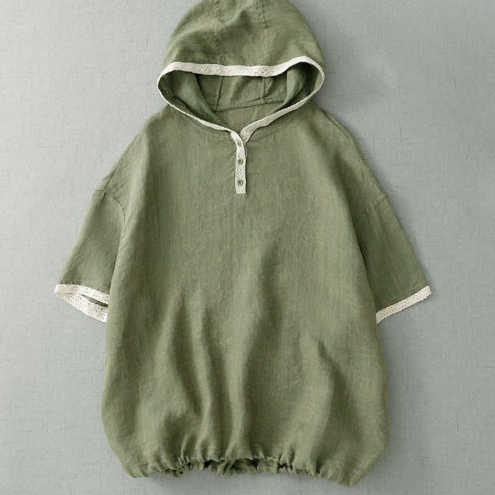 Buddha Stones Chemises d'été bohèmes décontractées à manches courtes pour femmes, vert uni, à capuche et bordure en dentelle, boutonnées - Vert foncé - US8-10, UK/AU12-14, EU40-42 (2XL) - image 0