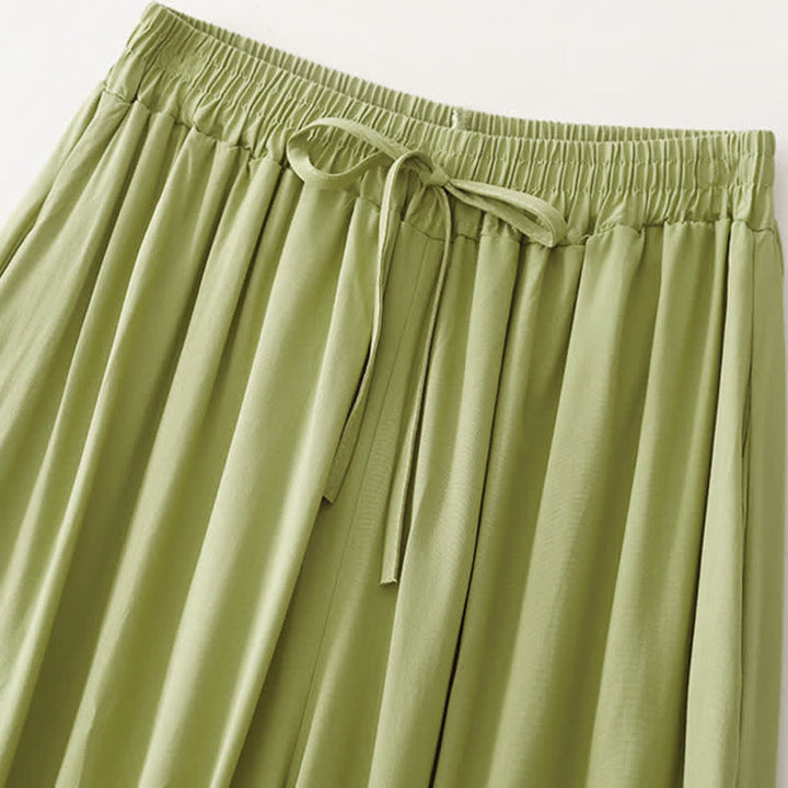 Buddha Stones Pantalon court uni à cordon de serrage, élégant et décontracté, pour femme, jambes larges et poches - image 1