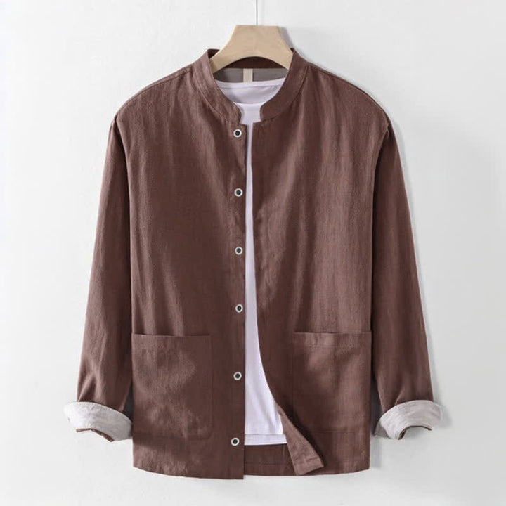 Buddha Stones Chemises à manches longues pour homme, style Tang, col mandarin, couleur unie, avec poche, idéales pour le printemps et l'été. - Terre de sienne - US/UK/AU44, EU54 (4XL) - image 0