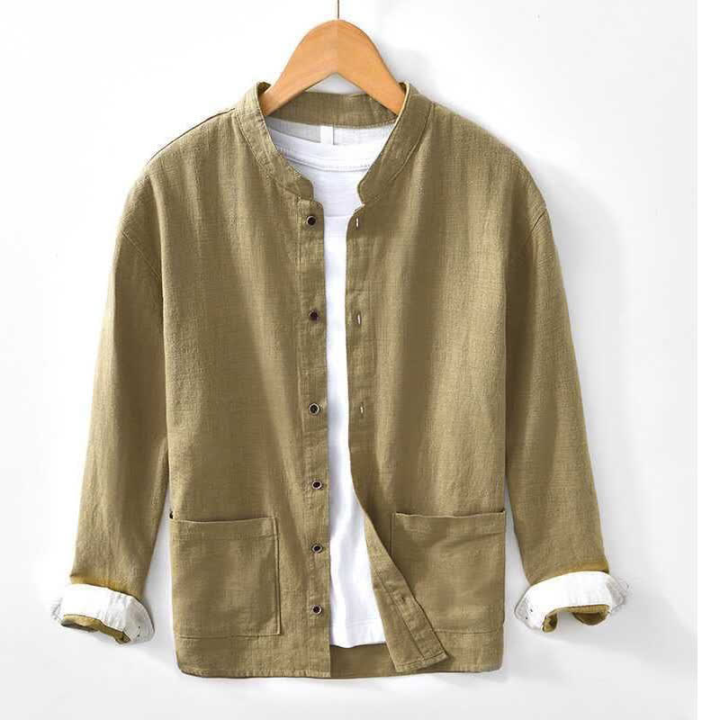 Buddha Stones Chemises à manches longues pour homme, style Tang, col mandarin, couleur unie, avec poche, idéales pour le printemps et l'été. - Kaki - US/UK/AU44, EU54 (4XL) - image 13