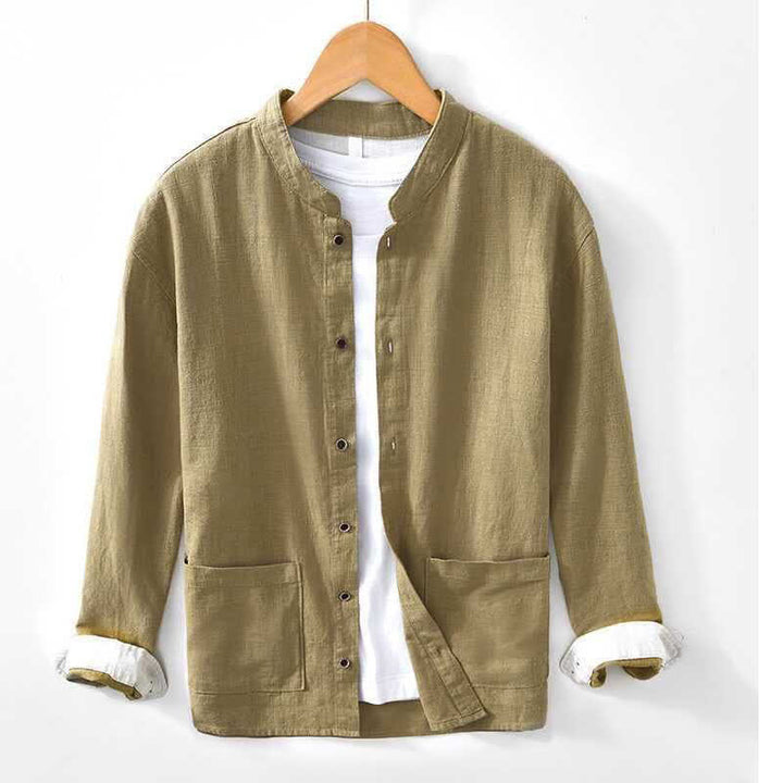Buddha Stones Chemises à manches longues pour homme, style Tang, col mandarin, couleur unie, avec poche, idéales pour le printemps et l'été. - Kaki - US/UK/AU44, EU54 (4XL) - image 13