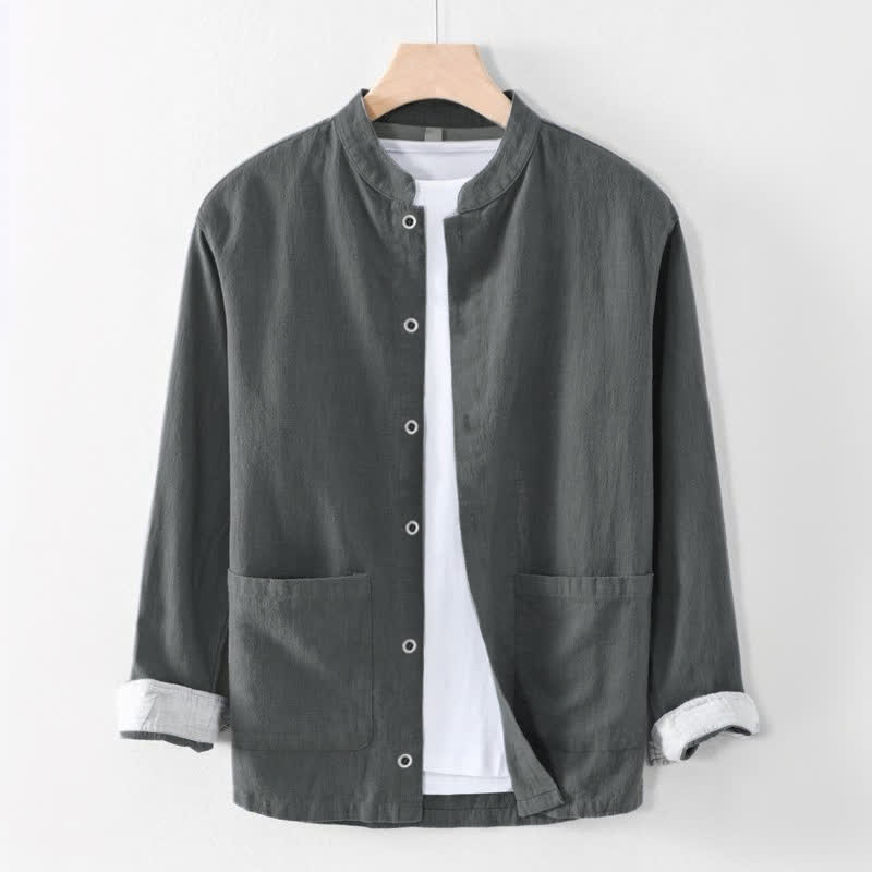 Buddha Stones Chemises à manches longues pour homme, style Tang, col mandarin, couleur unie, avec poche, idéales pour le printemps et l'été. - Gris sombre - US/UK/AU44, EU54 (4XL) - image 3