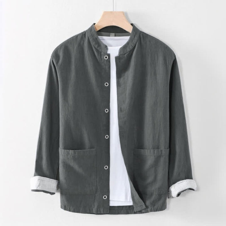 Buddha Stones Chemises à manches longues pour homme, style Tang, col mandarin, couleur unie, avec poche, idéales pour le printemps et l'été. - Gris sombre - US/UK/AU44, EU54 (4XL) - image 3