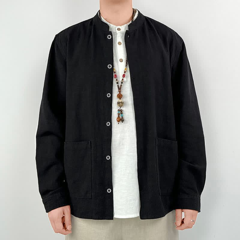 Buddha Stones Chemises à manches longues pour homme, style Tang, col mandarin, couleur unie, avec poche, idéales pour le printemps et l'été. - Noir - US/UK/AU44, EU54 (4XL) - image 12